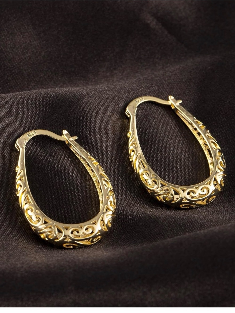 Gold Filigree Teardrop Hoop Earrings for Women